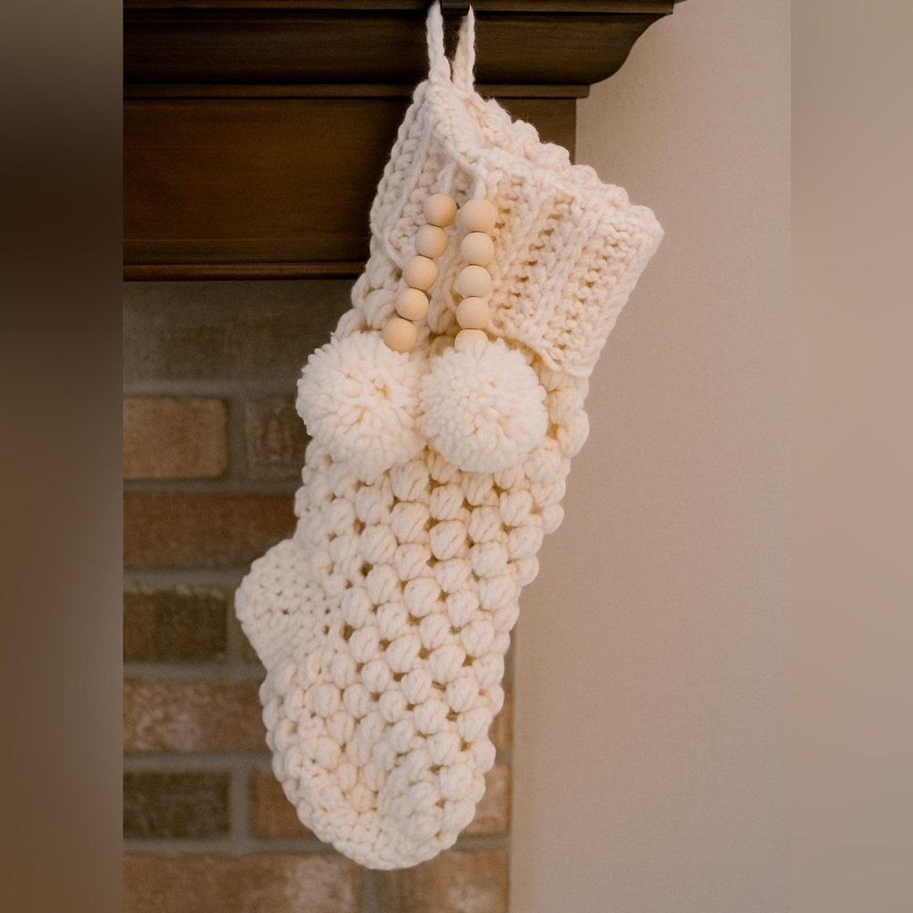 Handmade Crochet Large Christmas Stocking Cozy Cream with beads and Pom Poms